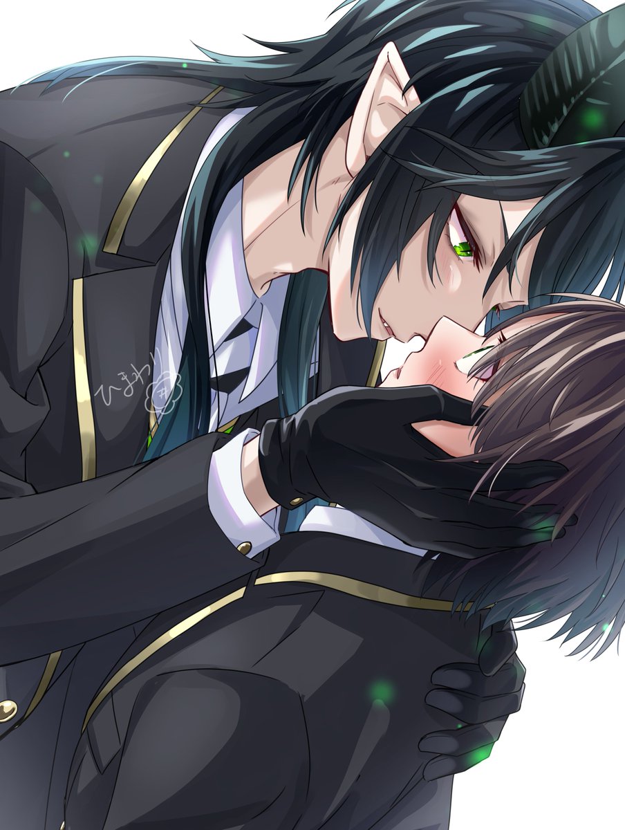 2boys multiple boys male focus horns yaoi looking at another pointy ears  illustration images