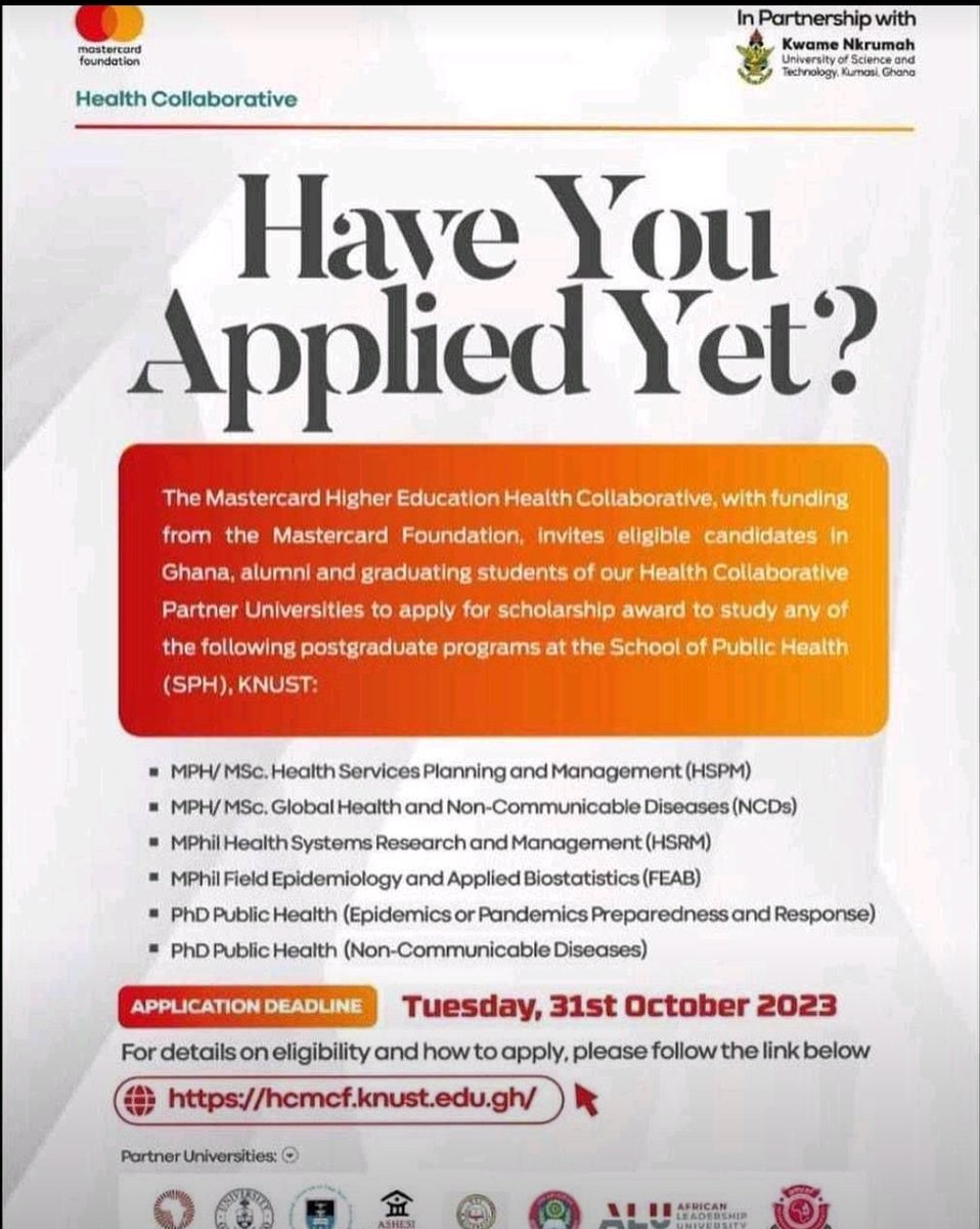 Fully funded Mastercard Foundation Scholarship at Kwame Nkrumah University of Science and Technology, Kumasi. Programs in public health. Apply by Oct 31, 2023. Details: rb.gy/5070t 

#Scholarship #KNUST #PublicHealth #MastercardFoundation #Opportunity #Africa #Ghana