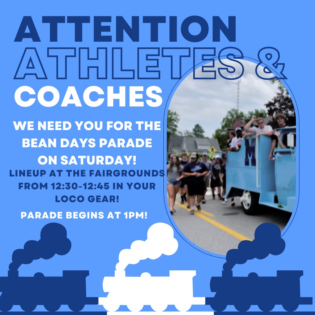 Mont_AthBooster's tweet photo. ATHLETES &amp; COACHES!

We need you on Saturday! Come walk in the Montpelier Bean Days Parade! Meet at the fairground between 12:30-12:45! Meet us at the LOCOMOTIVE! 

SPREAD THE WORD! https://t.co/lMf0YyWKPQ