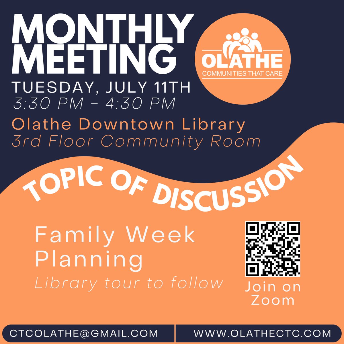 Tomorrow! Join us for our monthly CTC meeting, open to anyone. We will be working on Family Week planning and there will be a tour of the new Downtown Library following the meeting.
Meet us at the Olathe Downtown Library  at 3:30 pm or join on Zoom!