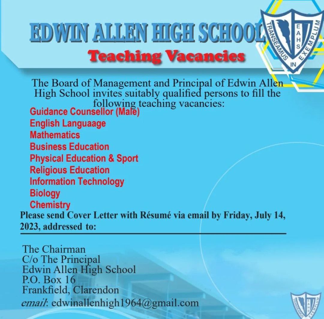 Edwin Allen High School is hiring a Teachers– Details on the flyer

More job opportunities are available on our website at this link: bit.ly/NewCJJobs

 Follow @careerjamaica for the latest job vacancies

 #careerja #recruitmentjamaica #careerjamaicarecruitment #jobsinja