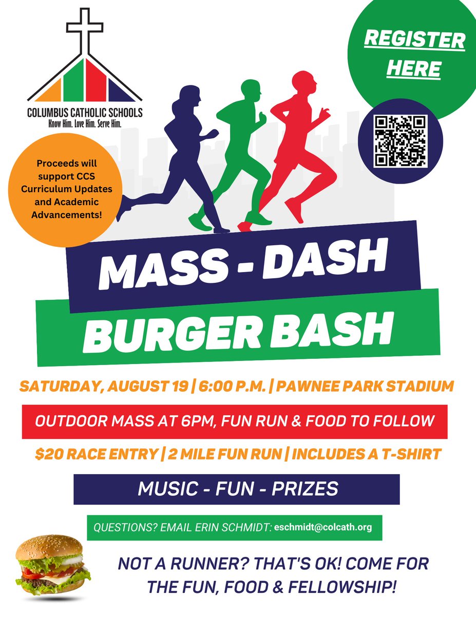 ScotusCC's tweet image. Save the date and register today!

#ColumbusCatholicSchools is hosting our first Mass-Dash-Burger Bash, Saturday, August 19th at 6:00 P.M. at Pawnee Park.

Mass will be held at 6:00. Following Mass, will be a two mile run and a meal.

REGISTER: forms.gle/EBXfSSL28UVDbt…