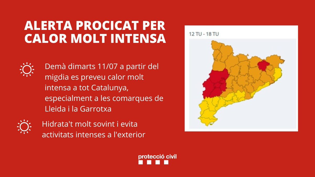 Atenció #lesFranqueses! Protecció Civil ha activat l’alerta Pla PROCICAT per calor molt intensa aquest dimarts. Intenteu:
-Evitar sortir a les hores de més calor.
-Evitar les activitats físiques intenses.
-Durant tot el dia, tancar les persianes de les finestres on toca el sol.