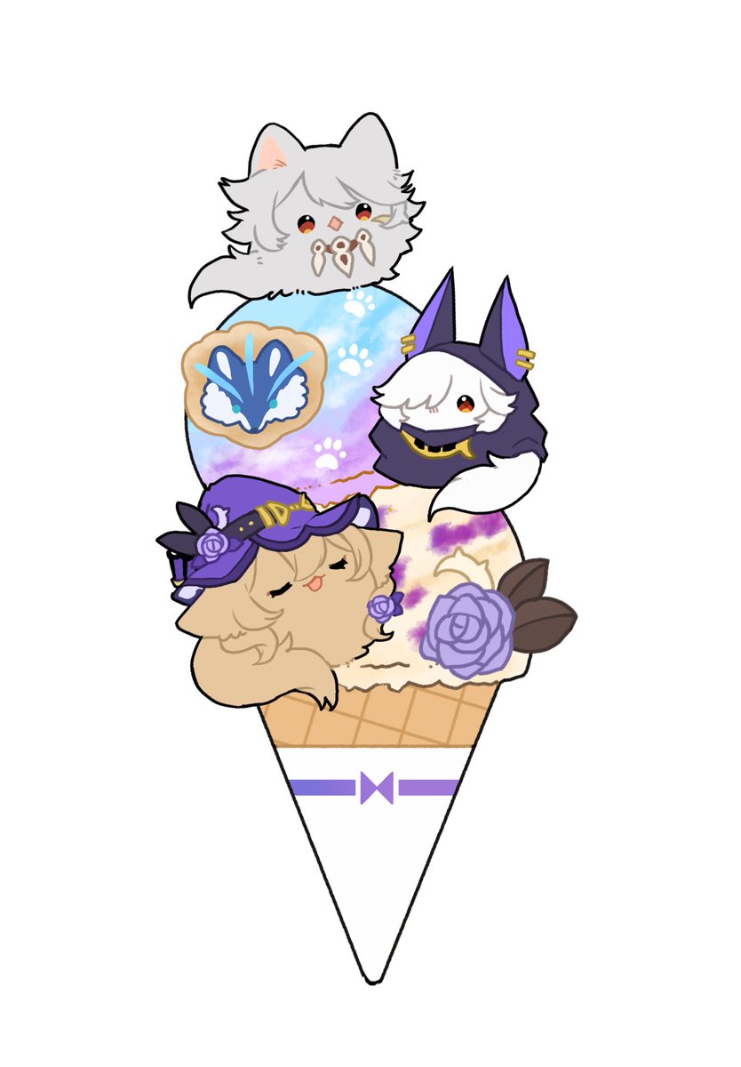 lisa (genshin impact) ,razor (genshin impact) hat witch hat food flower ice cream white background simple background  illustration images