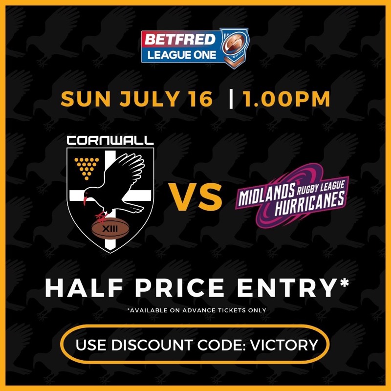 CornwallRLFC's tweet photo. 𝗛𝗮𝗹𝗳 𝗣𝗿𝗶𝗰𝗲 𝗘𝗻𝘁𝗿𝘆 🎟

👏 To celebrate our latest history-making win, we are offering half price entry on ALL advance tickets for Sunday's game against @HurricanesRLFC 

🎫 Use discount code VICTORY 

⬇️ For more information and to buy

🖤💛 #Kernowkynsa #RugbyLeague
