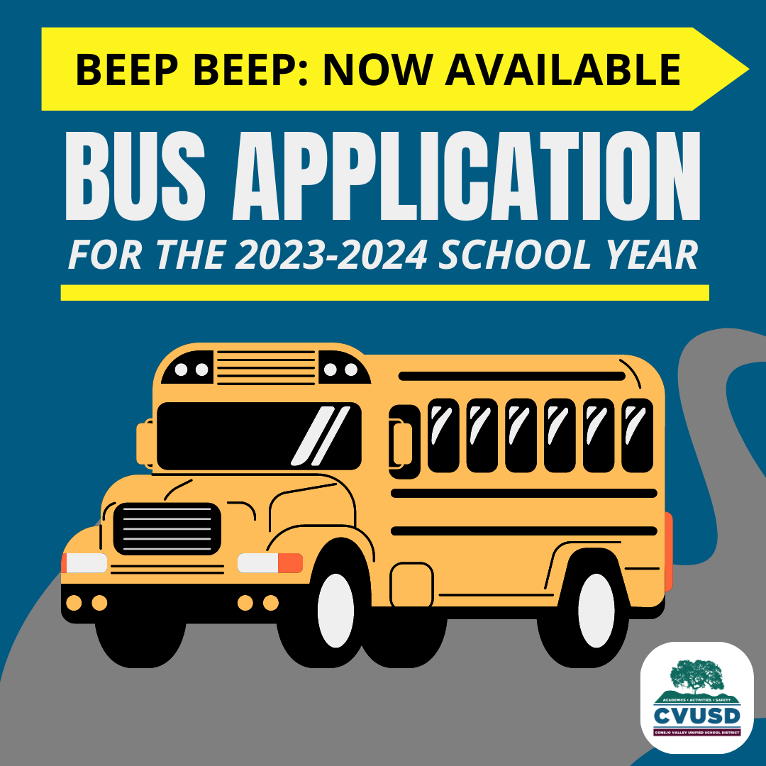 Beep Beep: The Bus Application for the 2023-24 School Year is Now Available!
🚍CVUSD offers student transportation via school bus to select schools: @BanyanBobcats, Colina, @MadronaMustangs, @maple_np, @SMS_CVUSD & @WalnutAWall.
Details & online app, here: conejousd.org/site/default.a…