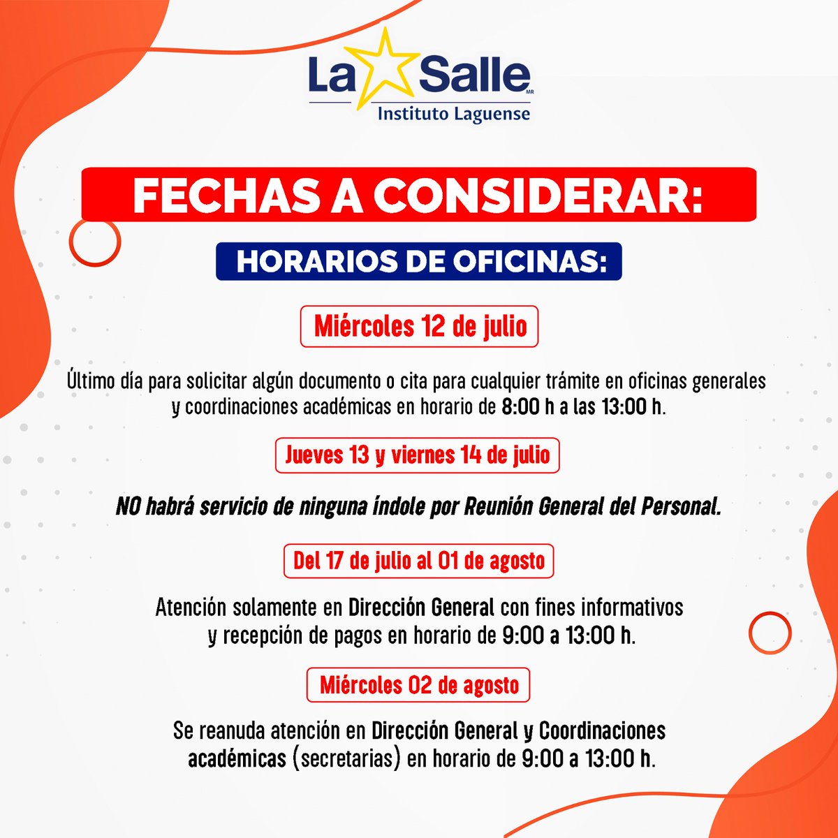 🚨 #AVISOS 🚨

Te recordamos fechas importantes en estos días para tomar precauciones de algún trámite o solicitud 🙌🏻

#SomosLaSalle #ComunidadQueTrasciende