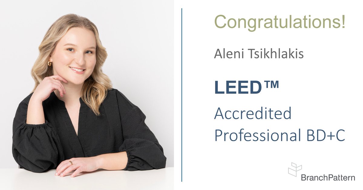 BranchPattern's tweet image. BranchPattern Green Building Certifications Project Manager Aleni Tsikhlakis is now a LEED™ Accredited Professional BD+C!

Congratulations, Aleni, on your superb accomplishment! We love watching you grow! 🥳🌎🌱

#ImprovingLife #BetterBuiltEnvironments #BranchPatternProud