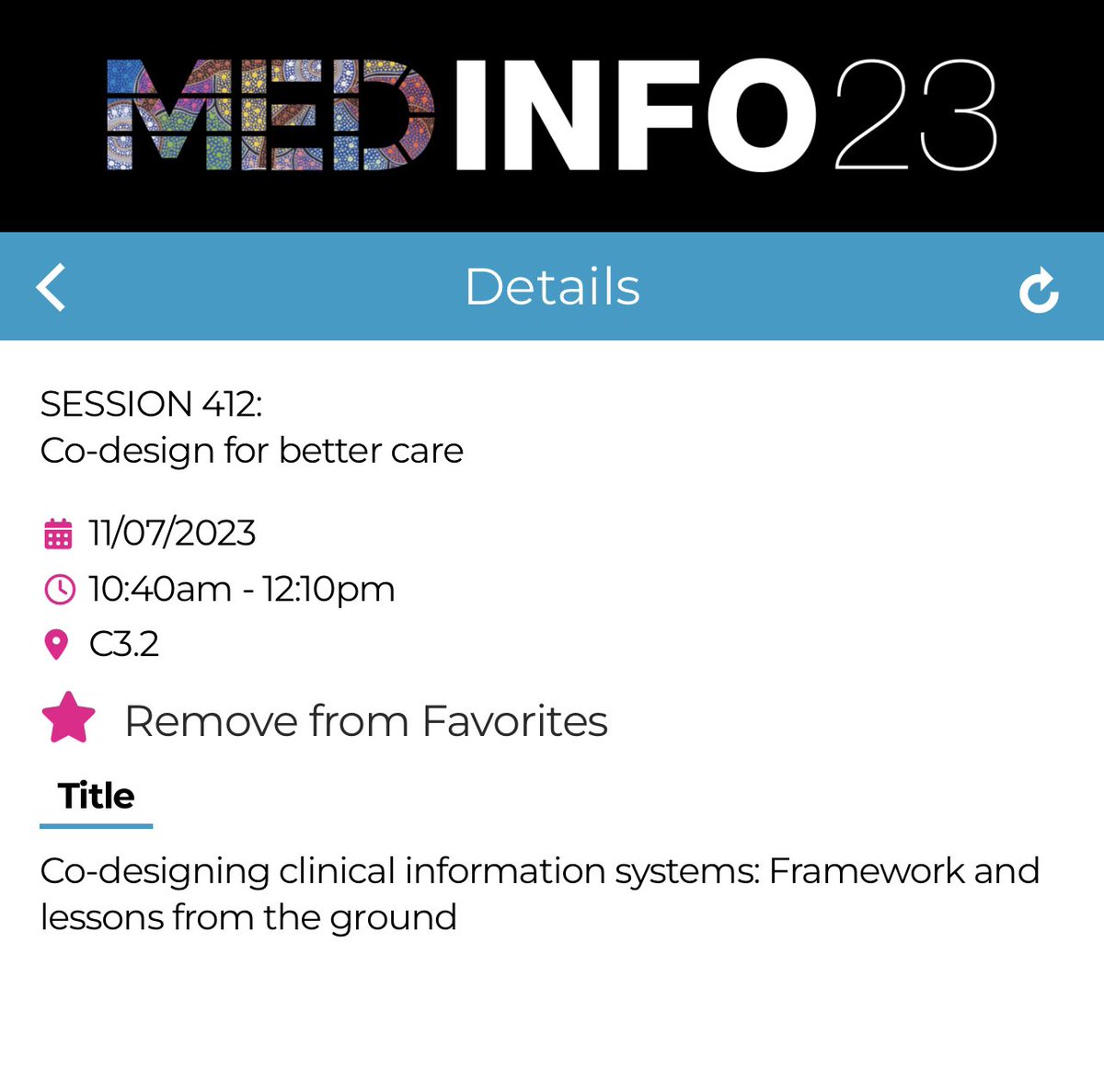 AliBesiso's tweet photo. Looking forward to Day 4 of #MEDINFO23! 

I’m super excited I get to take the stage today to present in the “Co-design for better care” stream.

I’ll be speaking about a #codesign journey in implementing a Cancer Clinical Information System with all its twists and turns! https://t.co/ws4C9dizBO