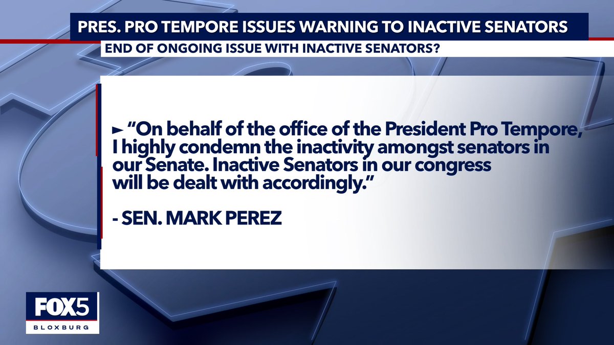 #FOX5BUSA: <a href="/BUSA_MarkD/">Mark</a> has issued a stern warning to inactive Senators in the BUSA Senate this afternoon. 

President Pro Tempore Perez says “Inactive Senators … will be dealt with accordingly.”