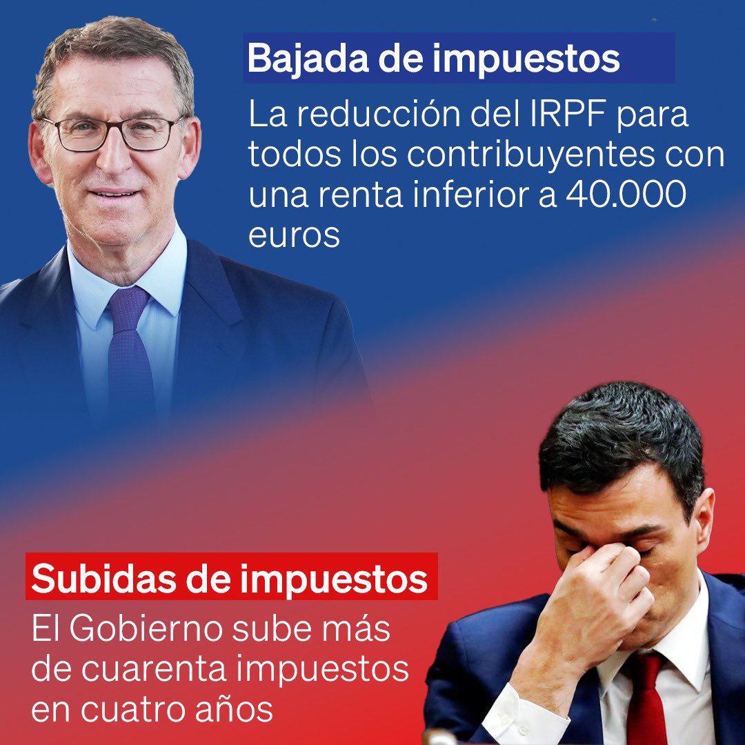 NNGG_Es's tweet photo. 🔴 Frente a la subida de impuestos del sanchismo. 

🔵 Bajaremos los impuestos a los contribuyentes con rentas inferiores a 40,000 💶.

#CaraACaraAtresmedia #EsElMomento https://t.co/uWEGwvSLCp