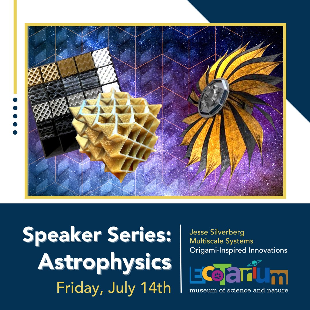 This Friday, July 14th, 5:00 pm - Jesse Silverberg of Multiscale Systems will visit the EcoTarium to share connections between origami and space-age technology!

More info: ecotarium.org/event/speaker-…

#ecotarium #worcester #museum #science #nature #astronomy #space #event