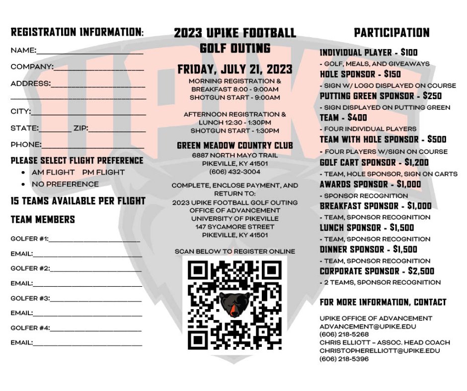 Come join @UPIKEFOOTBALL for our annual golf outing next Friday, July 21 at Green Meadow Country Club⛳️Register online by scanning the QR code below or by emailing christopherelliott@upike.edu. Morning and afternoon flights available. #BearDown #EarnTheRight