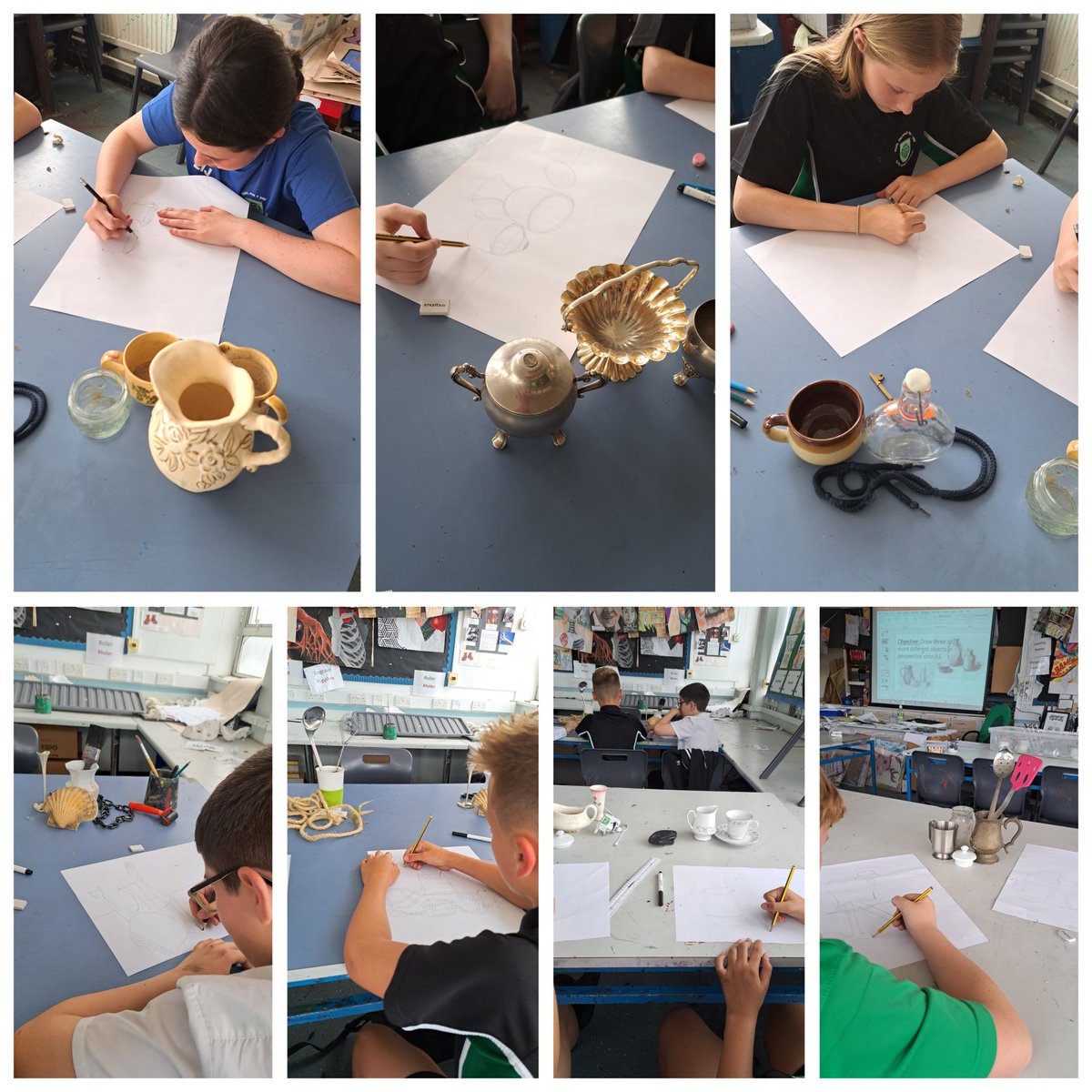 MissFTrace1's tweet photo. Observational drawing is such an important creative skill. Year 8 have set up their own composition and really focused to draw in proportion with correct form and perspective. Ymdrech da! @1Penydre @PYD_ARTofficial https://t.co/lqzF9RPZF9