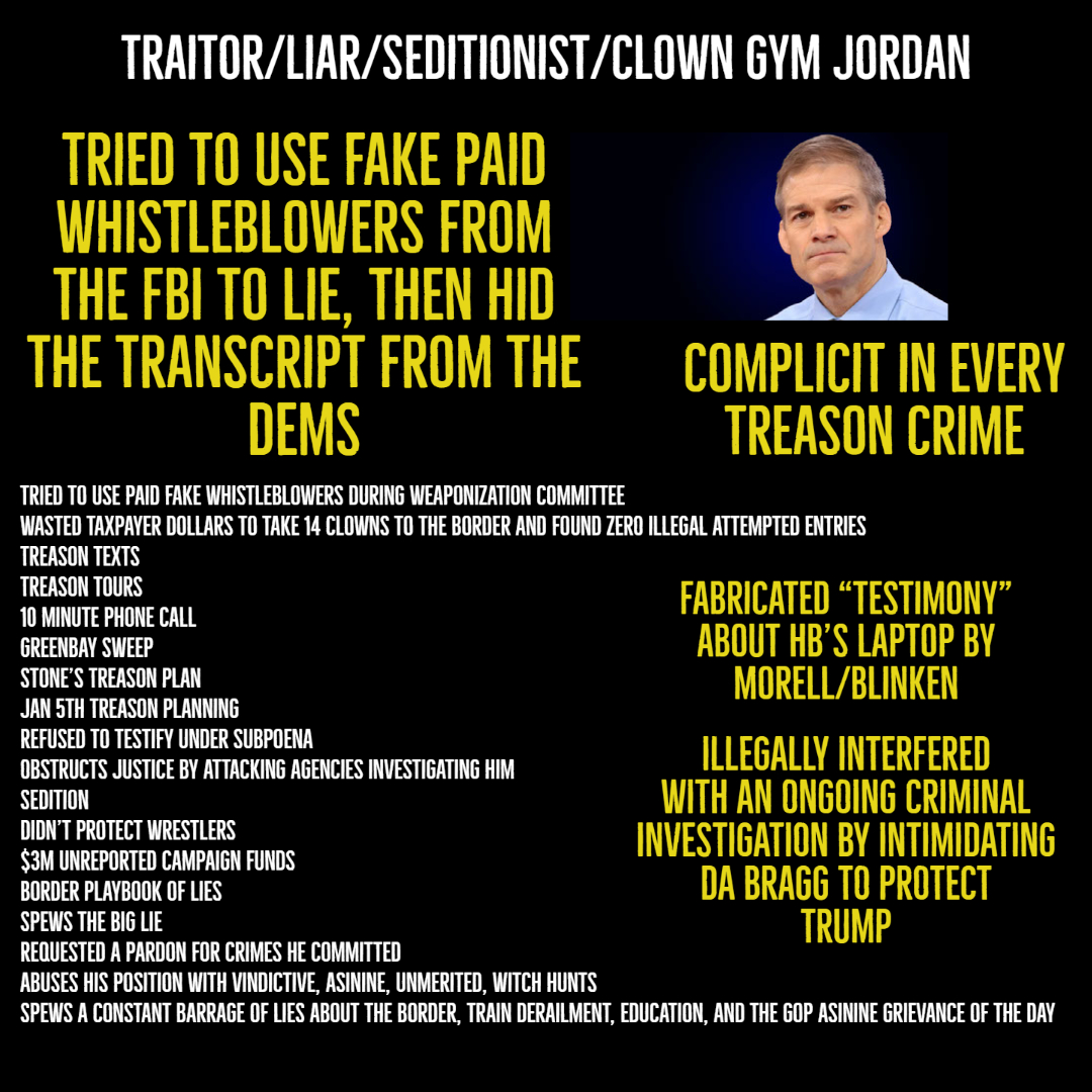 EileenLeftPA's tweet photo. @Jim_Jordan Rhodes got 18 years for being a soldier in the gop treason army.
What kind of time do you think the general & organizers will get? You are complicit in every treason crime and pedos don't do well in prison.
#LarryNassar
#GOPTraitorsToDemocracy
#GOPTraitors
#MeadowsFlipped https://t.co/f3O2jelNEa