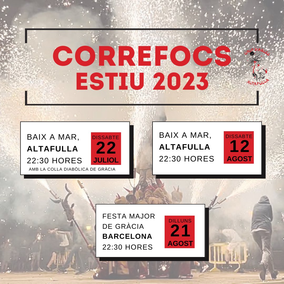 🧨 Comencem la setmana  amb les dates dels correfocs d'aquest estiu. Anoteu-les i no perdeu de vista les nostres xarxes socials!

👥 Aquest any, compartim una de les nostres actuacions de Baix a Mar amb la @diabolicadegracia