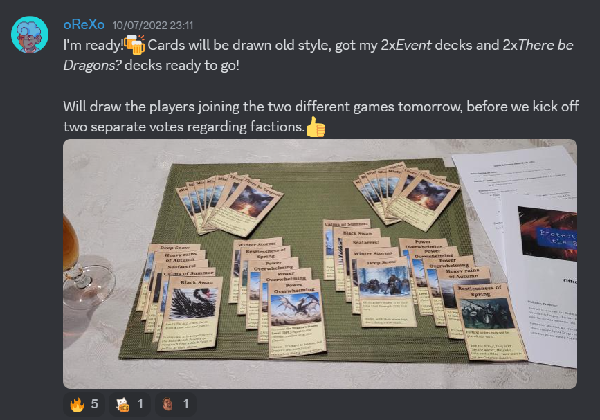 potrgame's tweet photo. The evening before launching the two very first POTR games 1 year ago.

It has been a wild ride! A big thank you to all the players that dared to jump on and test their strength against both Man and Wyrm!🔥

Here is to more fun in the coming year!🍻

#boardgames #tabletopgaming https://t.co/eF8HLmzkWS