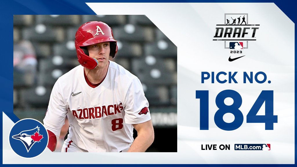 With the 184th pick, the @BlueJays select @RazorbackBSB outfielder Jace Bohrofen, No. 66 on the Top 250 Draft Prospects list. Watch live: atmlb.com/3NMtu27