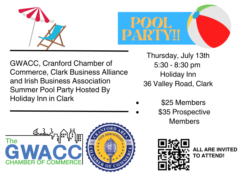 GWACC_NJ's tweet photo. Join Us for Our First Ever Pool Party Networking Event Combined with The Cranford Chamber of Commerce, Clark Business Alliance and Irish Business Association!!
Great Networking Opportunity with Cranford Chamber of Commerce!
https://t.co/b3jbBINnbn https://t.co/JN0Sn0icpu