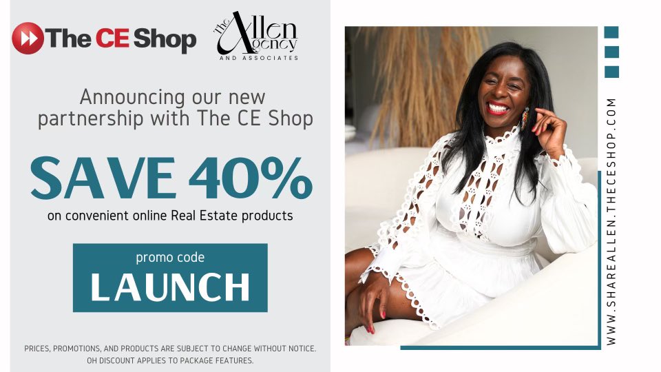 ShareAlllen's tweet photo. 🔥Take advantage of our new partnership with @TheCEShop! This week, use promo code LAUNCH to save 40% on all Pre-Licensing, Exam Prep, Post-Licensing, and Continuing Education courses. 💃🏾 https://t.co/JWILKucftq 🙌🏾 https://t.co/rd2JMg55zf