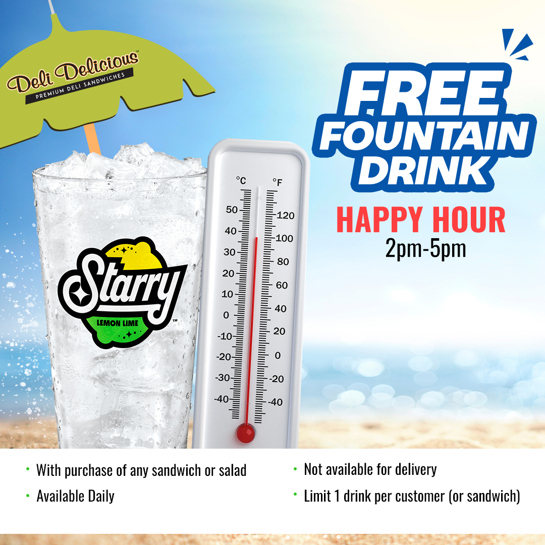 🎉 Introducing our Summertime Happy Hour! 🥤🌟
 To see if your local Deli D is participating, please download the app and check out coupons available by store!  Offer Expires August 31st 2023.
#delidelicious #delid #deli #happyhour #drink #sandwich #wrap #salad #lunch #dinner