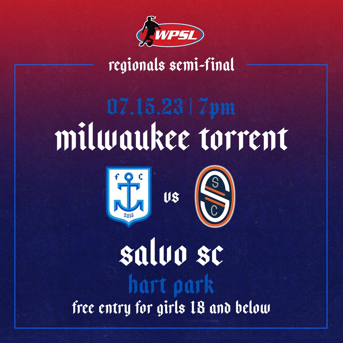MKETORRENT's tweet photo. Your beloved #torrentwomen host the @WPSL Central Regionals. Kickoff is Saturday at 7 pm! The regionals final will be Sunday at 3 pm. Free entry for girls age 18 and below in any kind of sport jersey! #mketorrent https://t.co/enWf8ZRngg