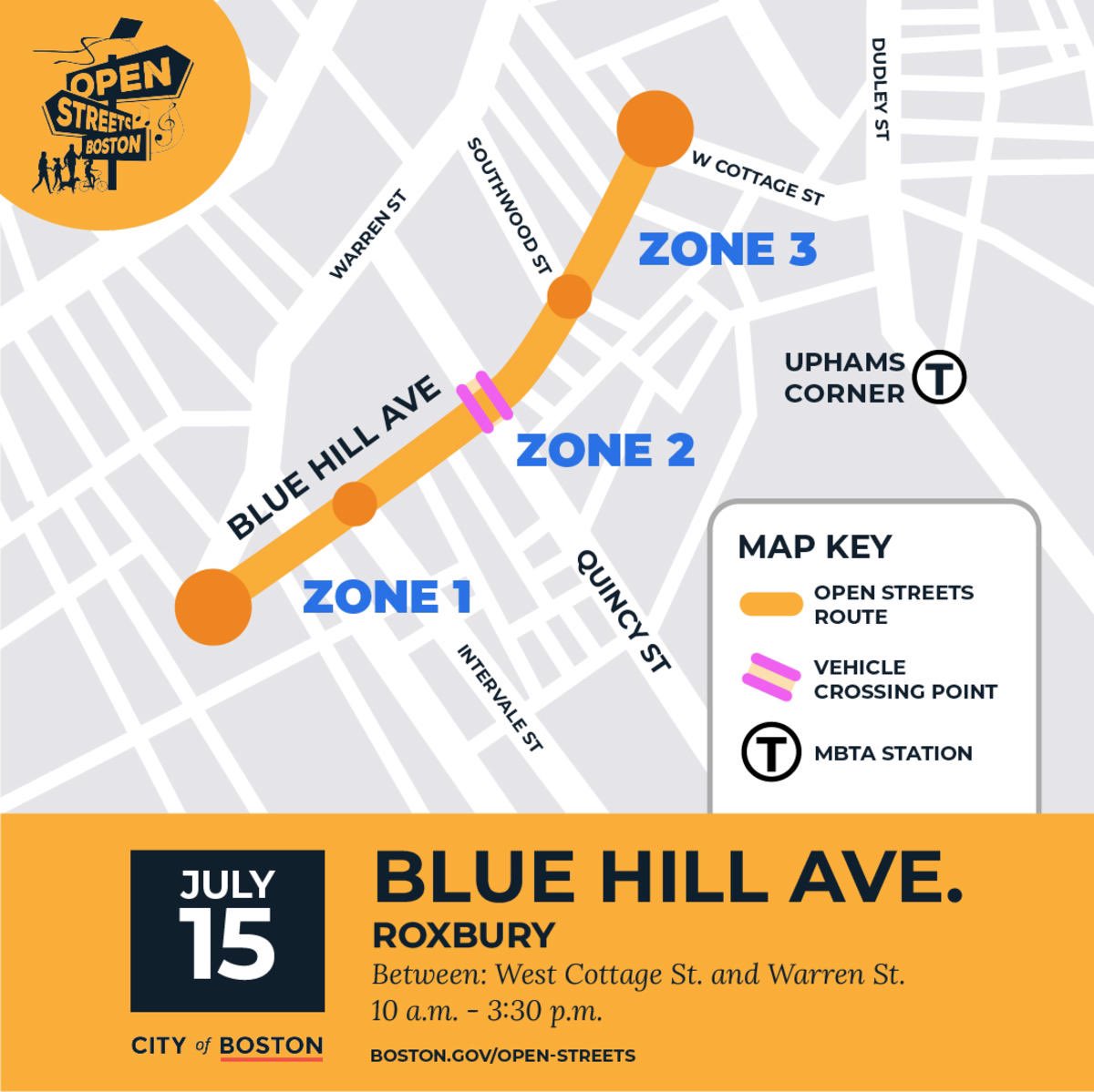 Open Streets Blue Hill Ave is happening THIS SATURDAY! Join us on Blue Hill Ave, between West Cottage St and Warren St, for a pedestrian friendly open space featuring art, entertainment, family fun & more! #openstreetsboston #bluehillave