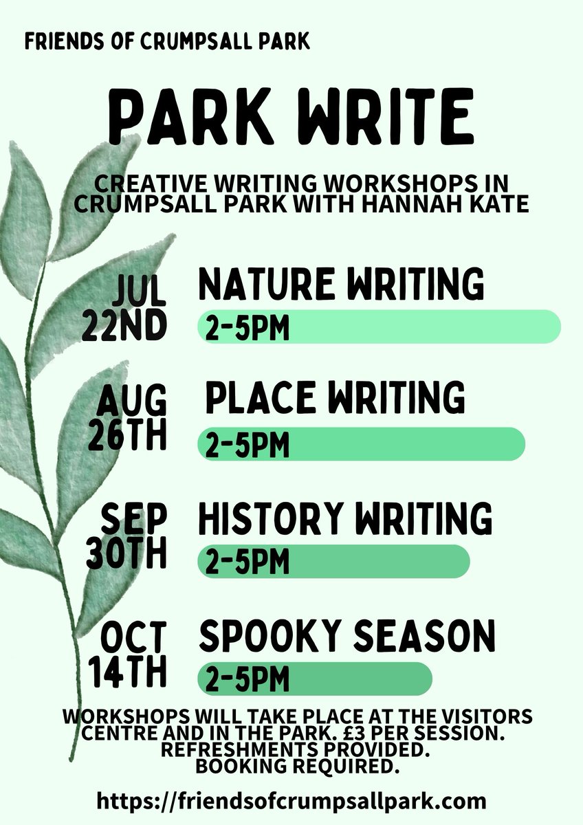 Crumpsall Park (@crumpsallpark) on Twitter photo Park Write! We're pleased to announce a series of creative writing workshops in Crumpsall Park over the next four months, led by local writer <a href="/HannahKateish/">Hannah Kate</a>. Each session will be held at the Visitors Centre, 2-5pm, and will be £3. Booking details to follow. Park Write! We're pleased to announce a series of creative writing workshops in Crumpsall Park over the next four months, led by local writer <a href="/HannahKateish/">Hannah Kate</a>. Each session will be held at the Visitors Centre, 2-5pm, and will be £3. Booking details to follow.