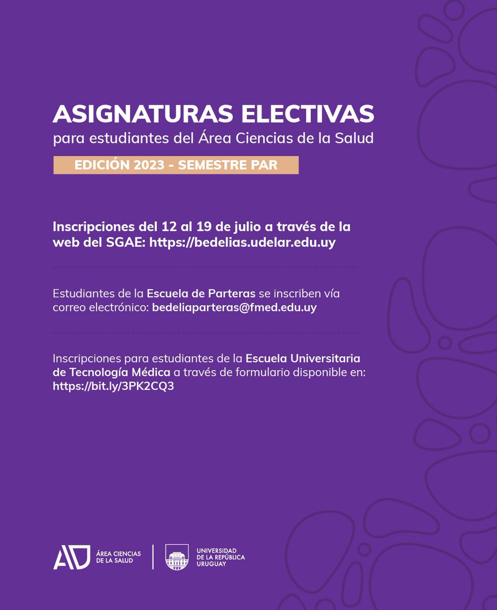 📝 Inscripción a unidades curriculares electivas para estudiantes del área ciencias de la salud. 

Primera instancia del semestre par 2023.

📆 Del 12 al 19 de julio

Más ℹ️ en hilo