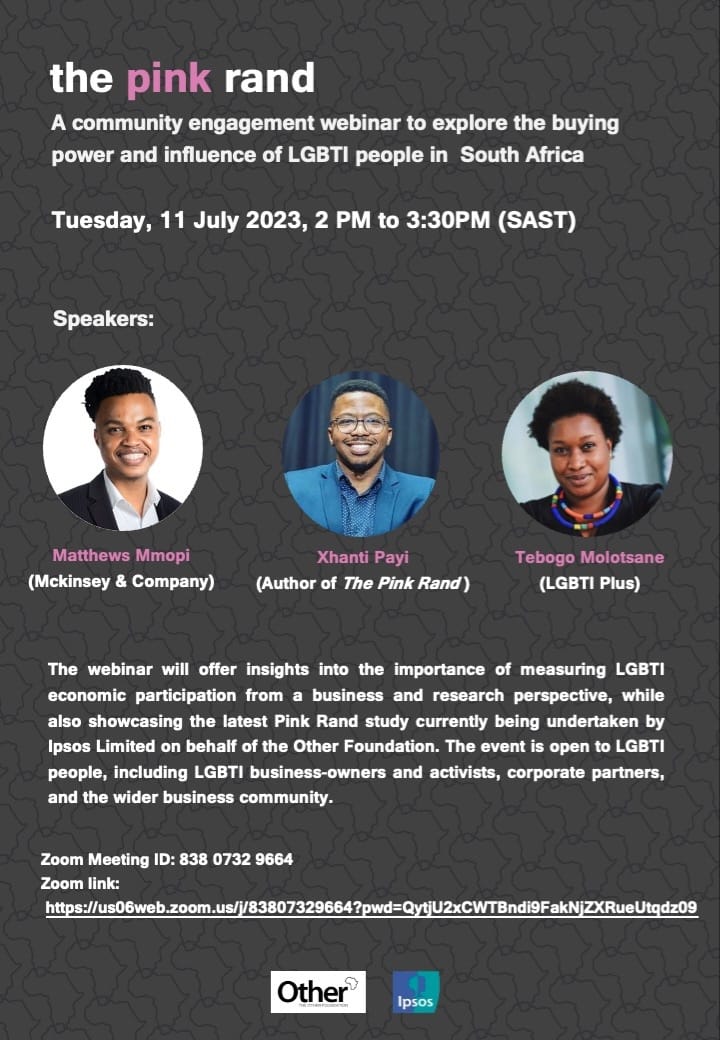 lgbtqiplus_'s tweet photo. Join us tomorrow as we explore the buying power and influence of LGBTI+ people in South Africa.

https://t.co/bfS86W7ZeM https://t.co/xFWLwZP3d3
