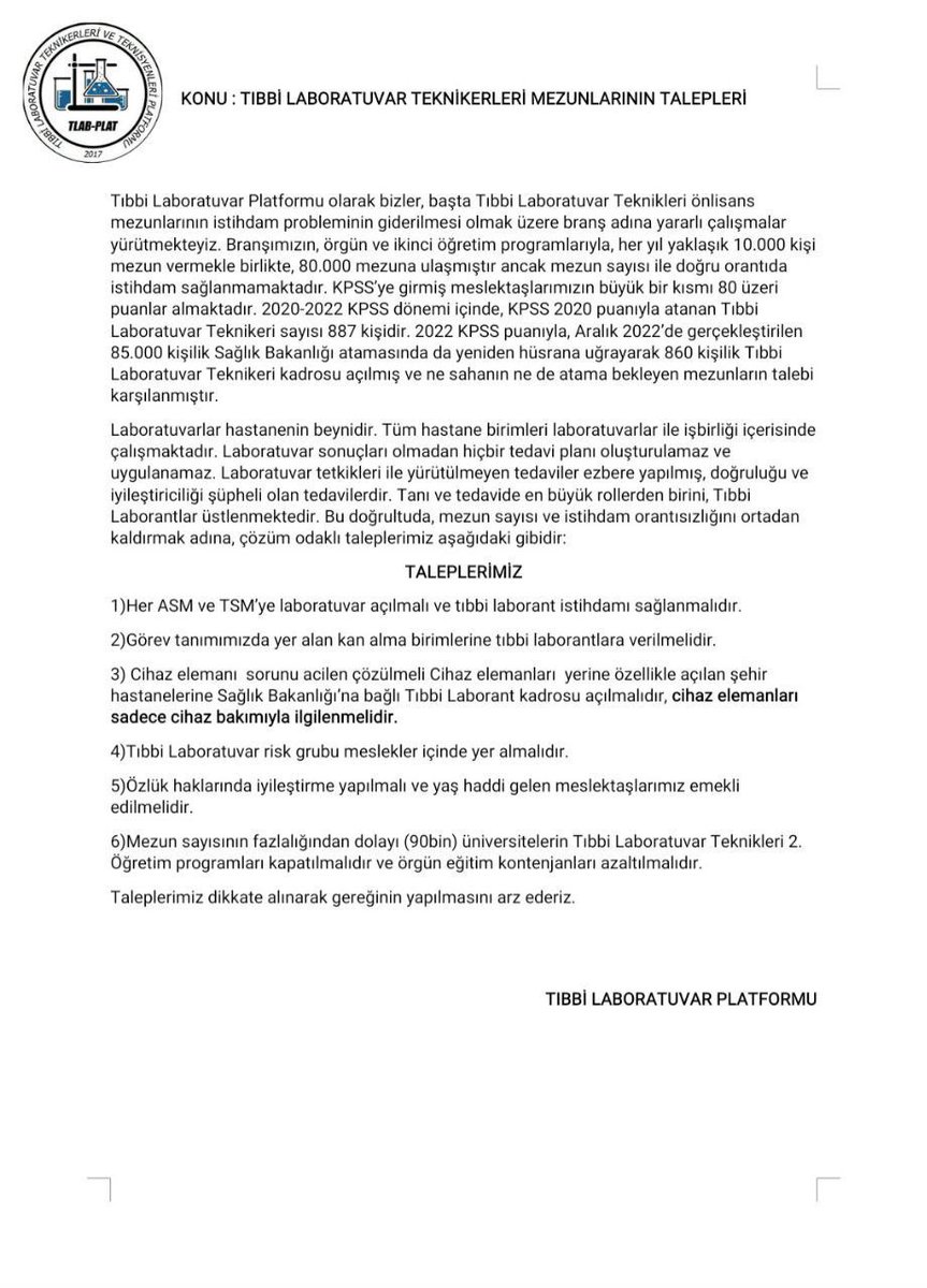 10 bin kadro istiyoruz ! 
Sayın <a href="/drfahrettinkoca/">Dr. Fahrettin Koca</a>
#LaborantaKocaİstihdam