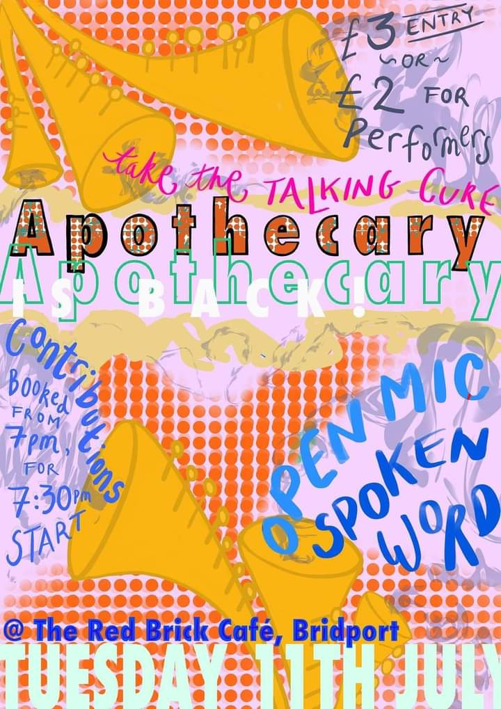 Apothecary is back! Now bi-monthly and at The Red Brick Café, #Bridport. Next event, 7.30pm Tuesday 11th July.