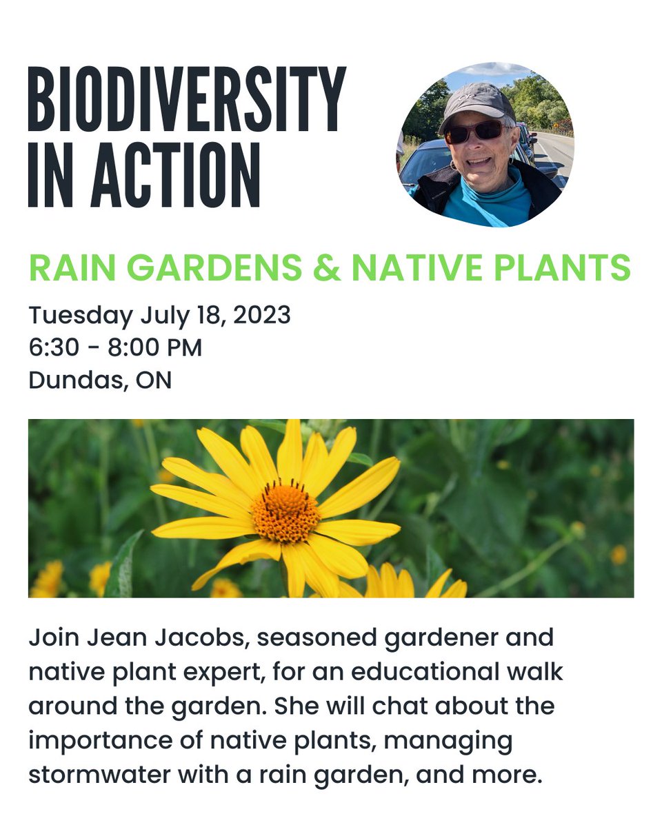 Rain Gardens &amp; Native Plants Walk 💧🏵️

Join Jean Jacobs, seasoned gardener &amp; native plant expert, for an educational garden tour in Dundas, ON. She will chat about the importance of native plants, managing stormwater with a rain garden, etc. Register: buff.ly/3NRNd1K