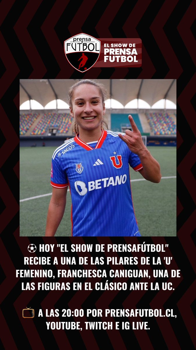 PrensaFutbol's tweet image. 📅Hoy disfrutamos un capítulo imperdible del mejor programa del late de los lunes de fútbol con @Mane_Frezza y @Guaja_ en #ElShowDePrensafutbol. 

⚽ Invitada: Franchesca Caniguan, figura de la @udechilefem .  

🖥️Por Youtube, Twitch, Instagram Live📲 y prensafutbol.cl
