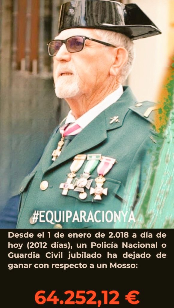 jucilnacional's tweet photo. 🔴 Dicen que la subida salarial de guardias civiles y policías nacionales fue de un 38%, lo que ni por asomo es cierto, a día de hoy;

➡️ Un Guardia Civil y un Policía Nacional an activo cobran hasta 7.761 € menos al año que un mosso.

➡️ Un Guardia Civil y Policía Nacional en reserva, 2Act o jubiado cobra 12.000 € menos al año que un mosso.

🔴 Los siguen discriminando en sueldos y retribuciones con las policías autonómicas. 

¿Piensa @NunezFeijoo seguir los pasos del @PSOE de @sanchezcastejon o, hará efectiva la #EquiparaciónRealYa?

#FeijóoNoHagasUnZoido
#SánchezNoCumpleConGCyPN