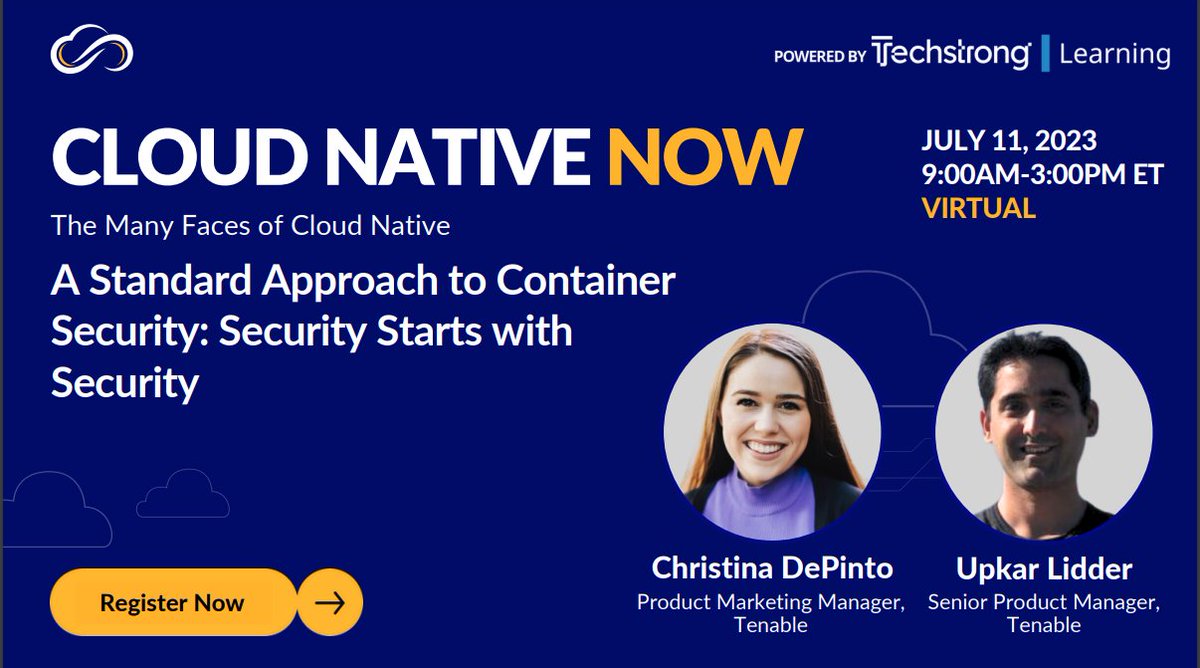 TenableSecurity's tweet photo. We’re excited to be a sponsor at #CloudNativeNow23! Tune in with @containerjrnl tomorrow for our spotlight session on aligning Security and DevOps teams to secure container infrastructure.
Sign up today for the free event: https://t.co/zzKzX3sJHV
#preventivesecurity #devsecops https://t.co/TbiXJ9dZal
