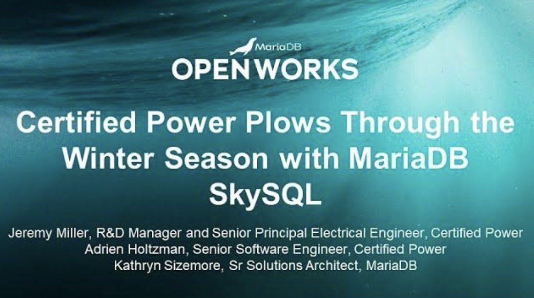 mariadb's tweet image. Getting ahead of winter snowstorms requires the storage of and faster access to data.
Learn how @CertifiedPower plows through snowstorms with #MariaDB #SkySQL.
youtube.com/watch?utm_sour…
#OpenWorks23