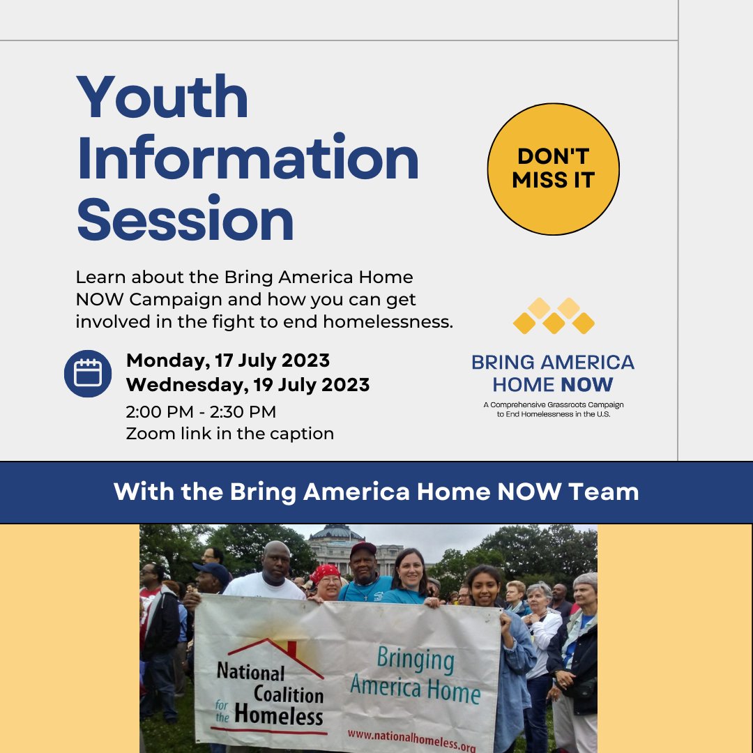 📢 Calling all youth changemakers! Join us for an information session about the Bring America Home Now Campaign! Be a part of a community where your ideas are heard and valued. Ready to make a difference? 

Go go go -> bit.ly/46BT2rH

#BringAmericaHomeNow #Homelessness