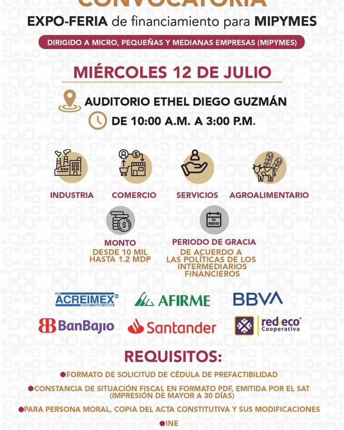 El Gobierno del Estado invita a la Expo-Feria de Financiamiento para MIPYMES. El evento se realizará el próximo miércoles 12 de julio, de 10:00 a 15:00 horas, en el auditorio Ethel Diego Guzmán, frente al Mercado Municipal. ¡No te lo pierdas! #CoyucaNosUne