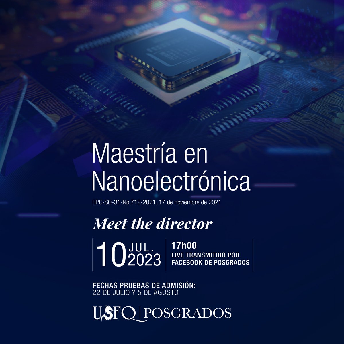 PosgradosUSFQ's tweet photo. ¡HOY!
Despeja todas tus dudas como aspirante. ¡Únete a nuestro “Meet the Director”!

Luis Miguel Prócel, director de la Maestría en Nanoelectrónica compartirá información clave. ¡Nos vemos hoy!

📅10 · julio
⌚️17h00
👉FB LIVE de POSGRADOS @USFQPosgrados y @PolitecnicoUSFQ

#USFQ https://t.co/aT0T1VitOF