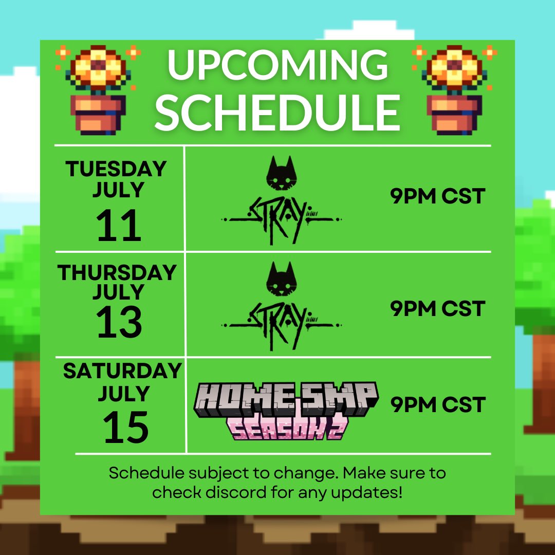 The stream schedule this week! 

Updated times for timezones are posted in discord! (DM me for an invite link!)

A lovely friend gifted me stray so we are going to play that IMMEDIATELY! Hope to see you then! 

#stream #twitch #youtube #momstreamer #stray #Minecraft