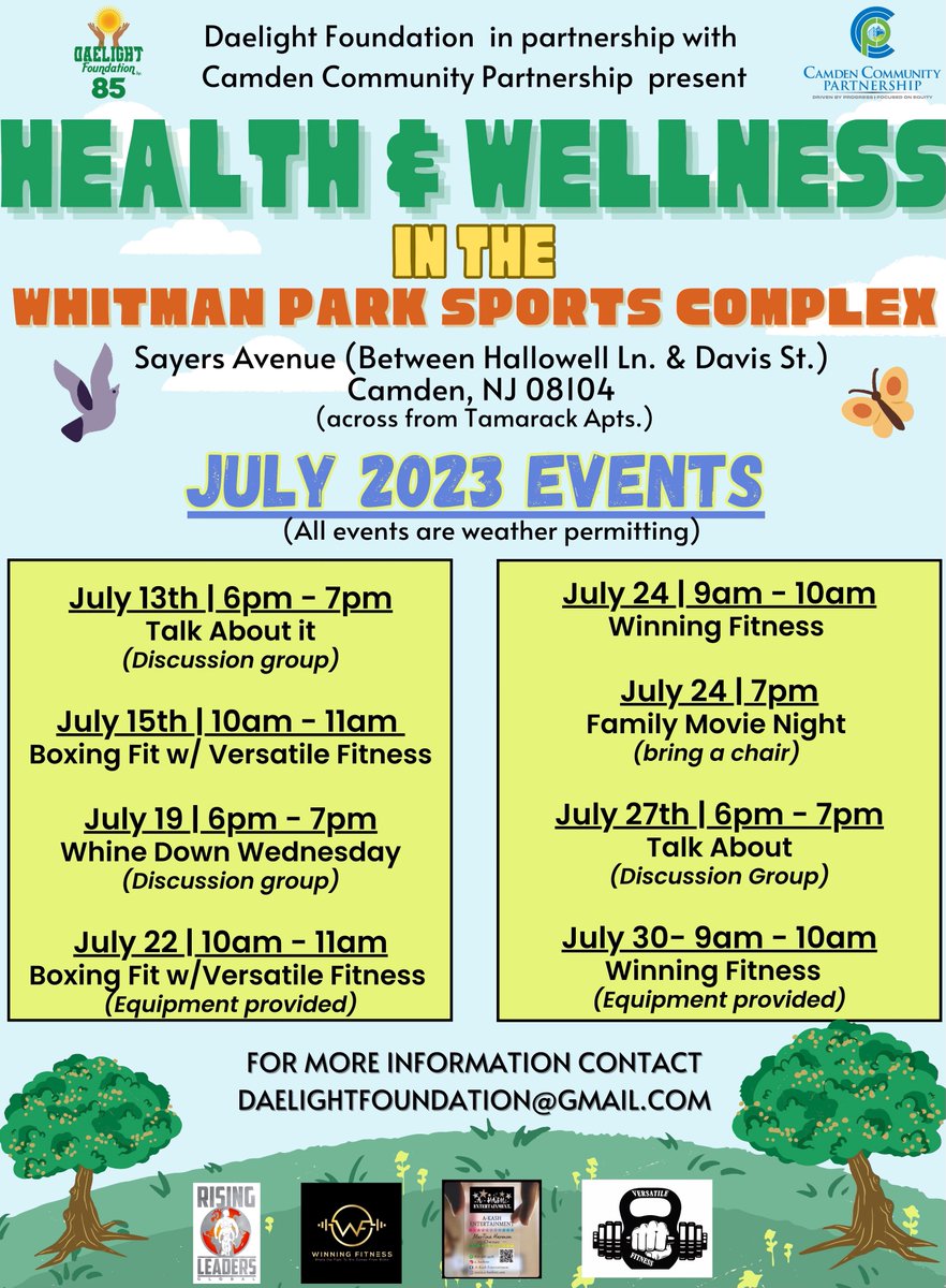 CTLcamden (@ctlcamden) on Twitter photo Health is Wealth! Come to Whiteman Park Sports Complex to participate in various health and wellness events! Daelight Foundation and <a href="/CCPCamden/">Camden Community Partnership</a> collaborative to bring everything from movie nights to boxing🥊in the park! #communityevents #camdennj Health is Wealth! Come to Whiteman Park Sports Complex to participate in various health and wellness events! Daelight Foundation and <a href="/CCPCamden/">Camden Community Partnership</a> collaborative to bring everything from movie nights to boxing🥊in the park! #communityevents #camdennj