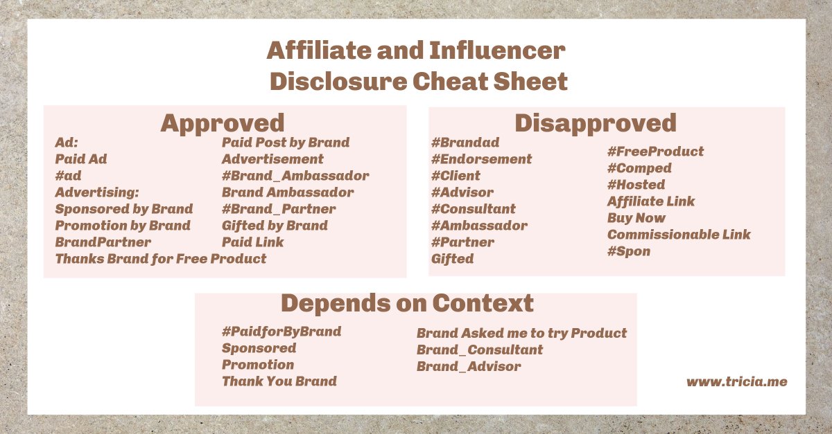 I created an Affiliate and Influencer Disclosure Cheat Sheet tricia.me/2023/07/10/aff…