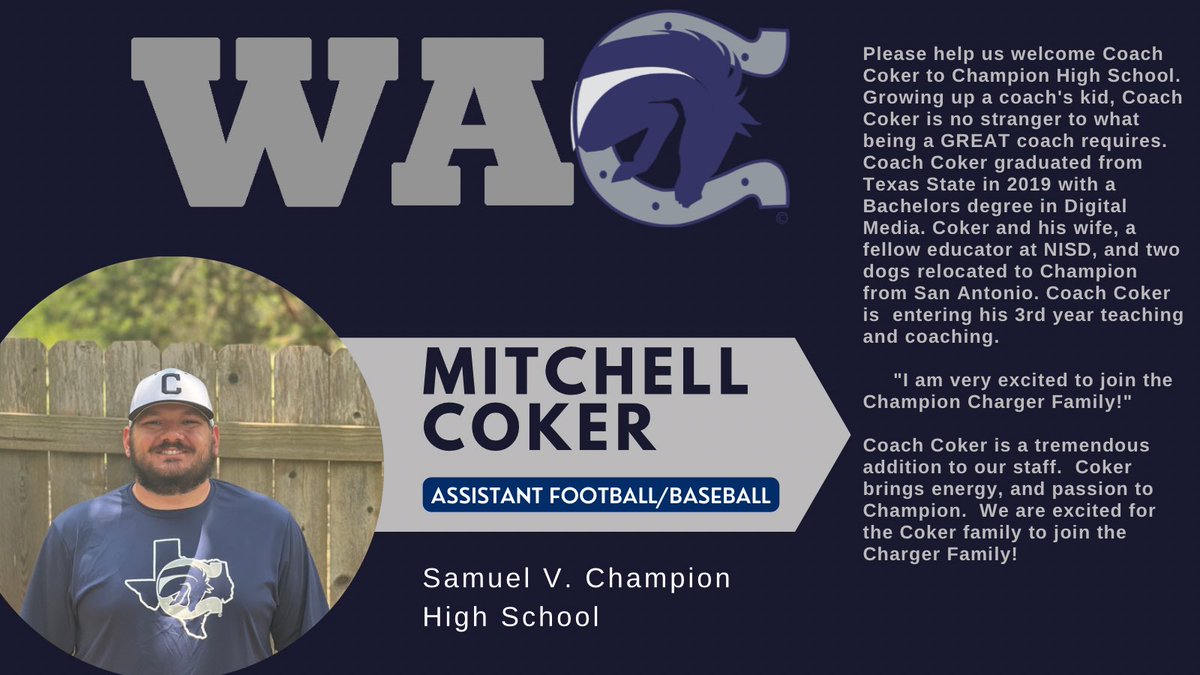 Charger Athletics (@wacathletics08) on Twitter photo Help us welcome Mitchell Coker and his family to the Charger family!!
<a href="/BoerneISD/">Boerne ISD</a> <a href="/LeechStan/">Boerne ISD Athletics</a> <a href="/SamChampionHS/">Samuel V. Champion High School</a> Help us welcome Mitchell Coker and his family to the Charger family!!
<a href="/BoerneISD/">Boerne ISD</a> <a href="/LeechStan/">Boerne ISD Athletics</a> <a href="/SamChampionHS/">Samuel V. Champion High School</a>