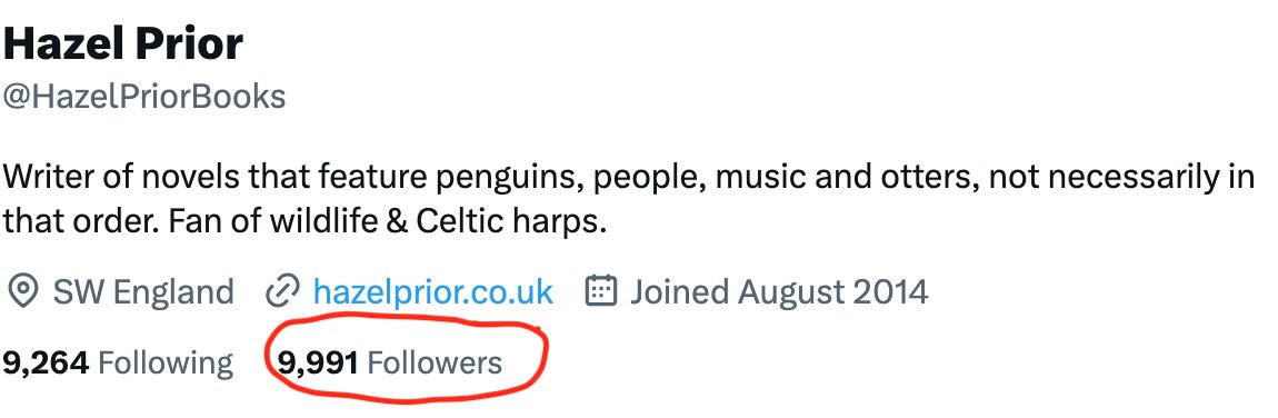 This is interesting. I've nearly reached 10K followers a few times before and each time the Twitter axeman has chopped off 500 or so (no idea why!)
So if 9 people (preferably bookish) would care to follow me we'll see what happens...