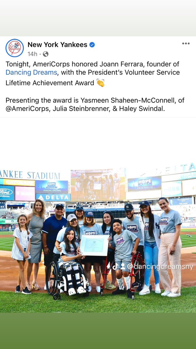 DancingDreamsNY's tweet photo. Dancing Dreams had the pleasure of being apart of HOPE week with the New York Yankees. AmeriCorps honored Joann Ferrara with the President’s Volunteer Service Lifetime Achievement Award!
Thank you @yankees for this amazing experience.
https://t.co/dhaf3gmgJg
#AdaptiveProgram https://t.co/4lmatl2SVU