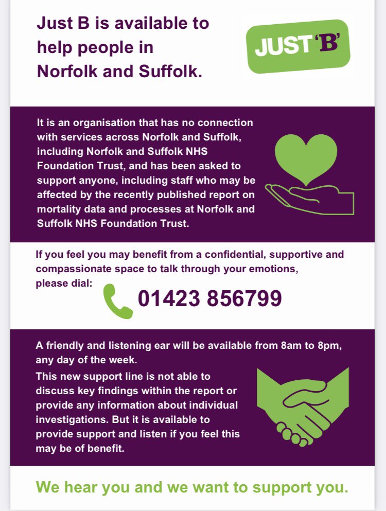 Please share number for ANYONE affected by the @NSFTtweets mortality review (bereaved, staff, volunteers, service-users or carers). It is independent and confidential open 8-8 7 days a week. They cannot answer questions about report or cases but trained counsellors will listen.