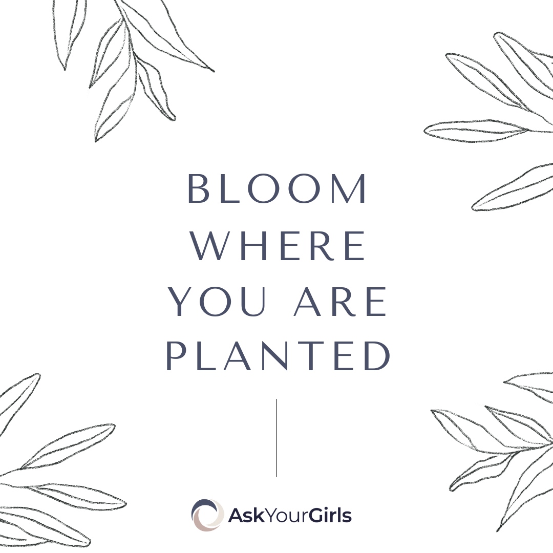 'Nurture your potential and thrive, regardless of your circumstances. Bloom where you are planted.' #BloomWhereYouArePlanted #UnleashYourPotential #GrowthMindset #AdaptAndFlourish #PositivityInEverySituation #FindYourInnerStrength #AskYourGirls