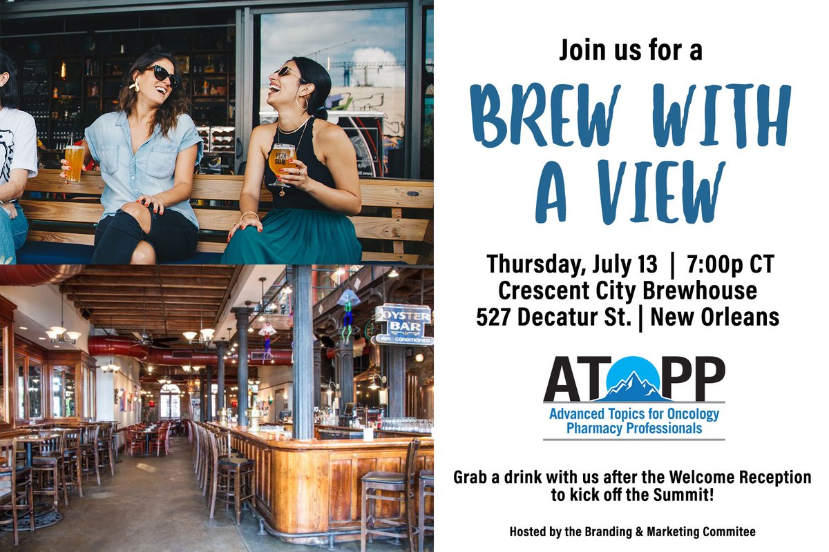 Happy hour lovers unite! 🍻 Join us at Crescent City Brewhouse in the French Quarter this Thursday evening for a casual networking happy hour. See you there! #atoppsummit #TwitteRx #oncopharm