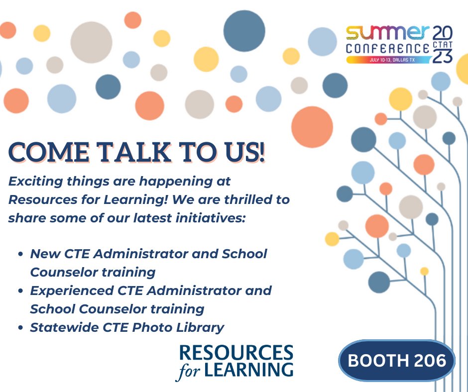 Join Resources for Learning at Booth 206 at the CTAT Conference in Dallas, TX this week! 

Discover valuable resources, submit CTE student photos, and unlock professional development opportunities.
#CTATConference #CTEEducation #CTAT https://t.co/wA01FLAZEt